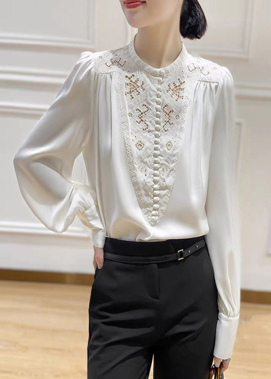 2022 White O-Neck Embroideried Floral Silk Shirt Long Sleeve