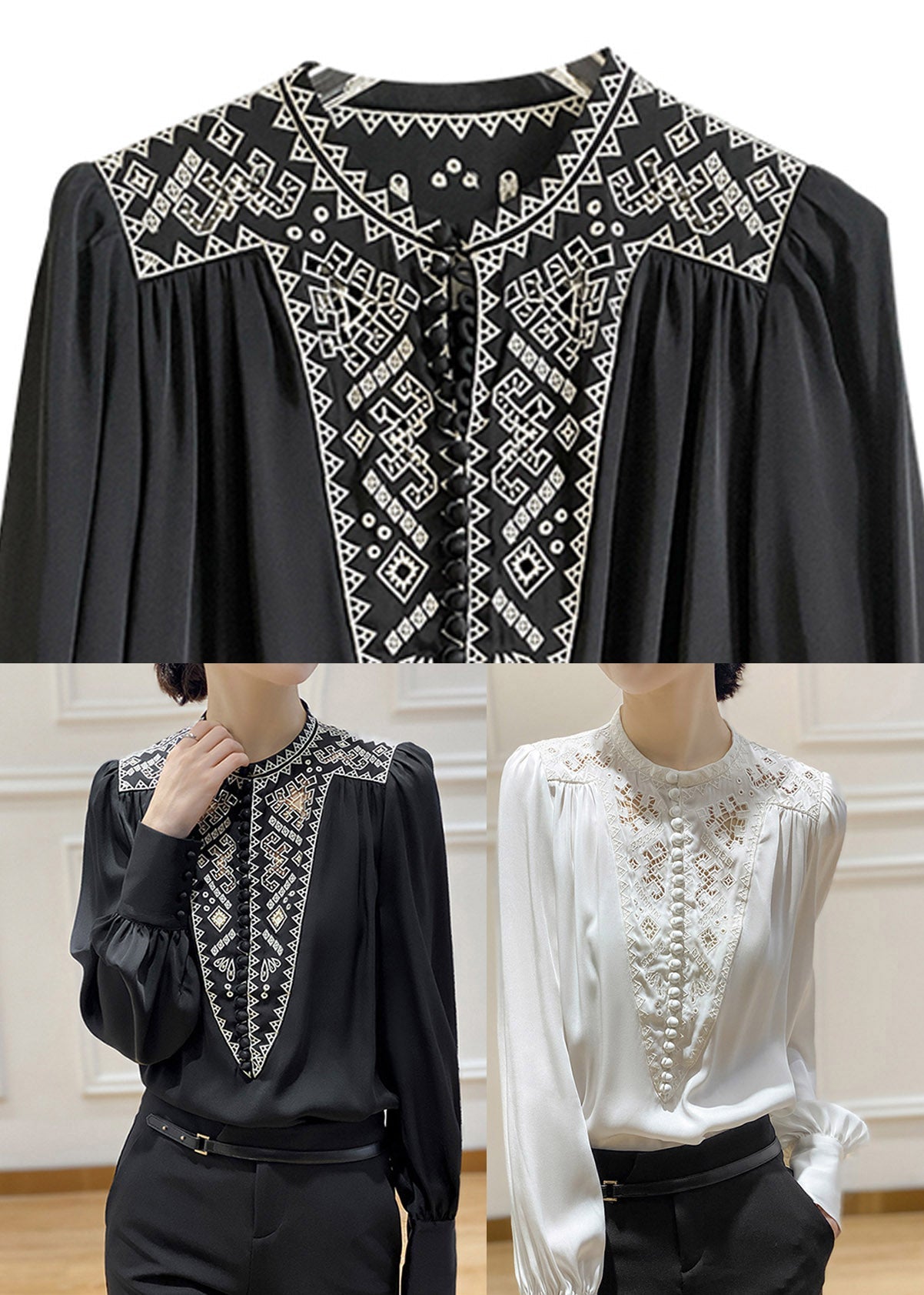 2022 White O-Neck Embroideried Floral Silk Shirt Long Sleeve