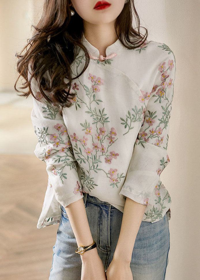 Unique Beige Print Linen Blouses Spring