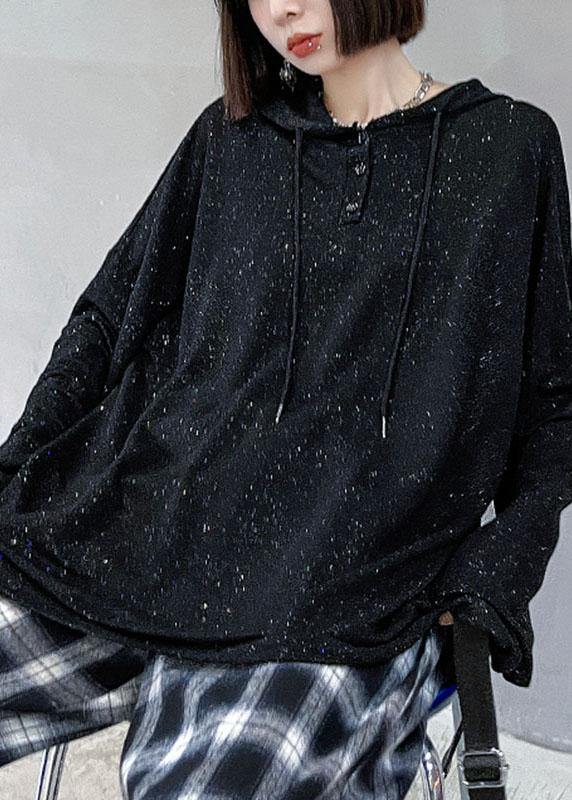 Unique Black Loose Hooded Button Sequins Fall Sweatshirt - SooLinen