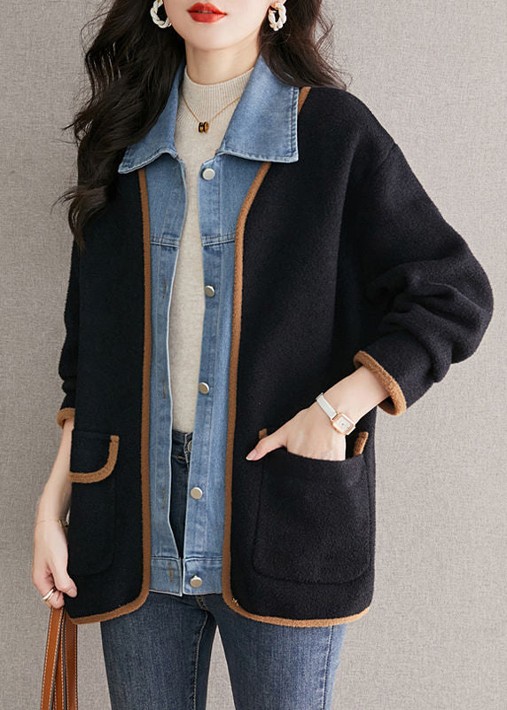 Unique noire Peter Pan Collar Denim Patchwork Woolen Fausse de deux morceaux Fall Fall