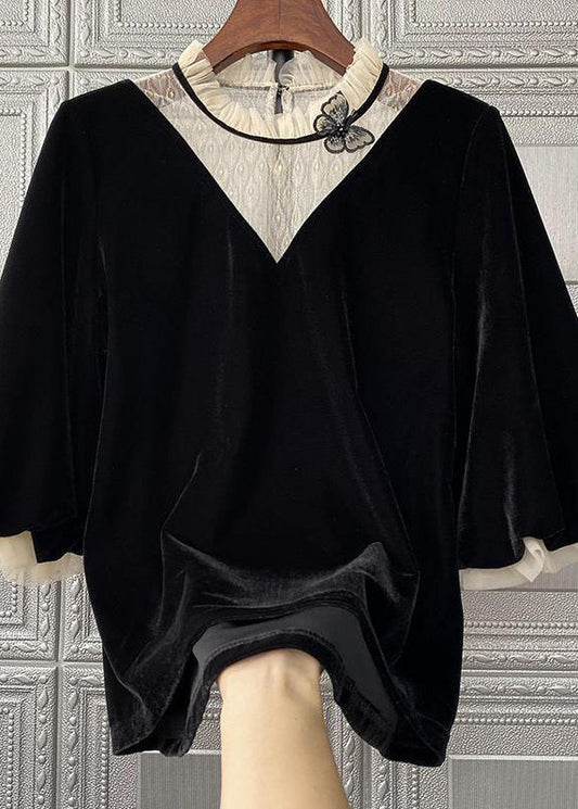 Unique Black Ruffled Lace Patchwork Velour Shirt Top Fall