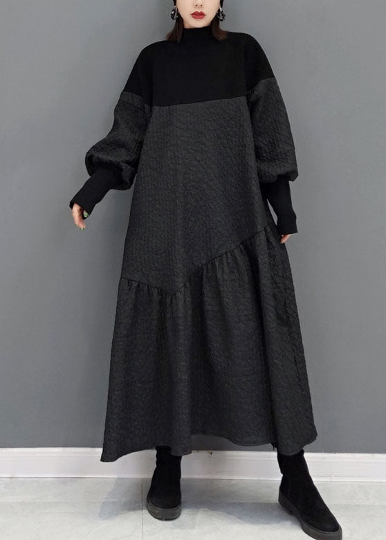 Unique Black Turtle Neck Jacquard Patchwork Knit Dresses Spring