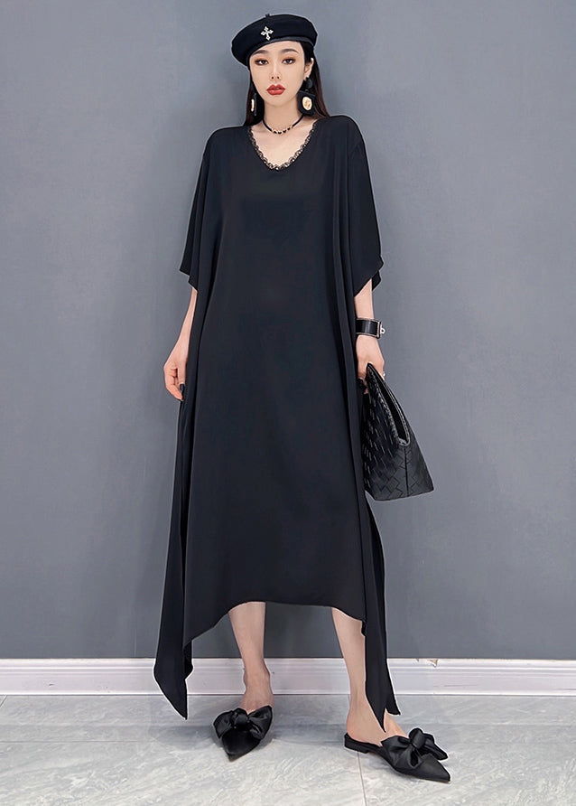 Unique Black V Neck Side Open Chiffon Long Dress And Sequins Long Smock Two Pieces Set Summer