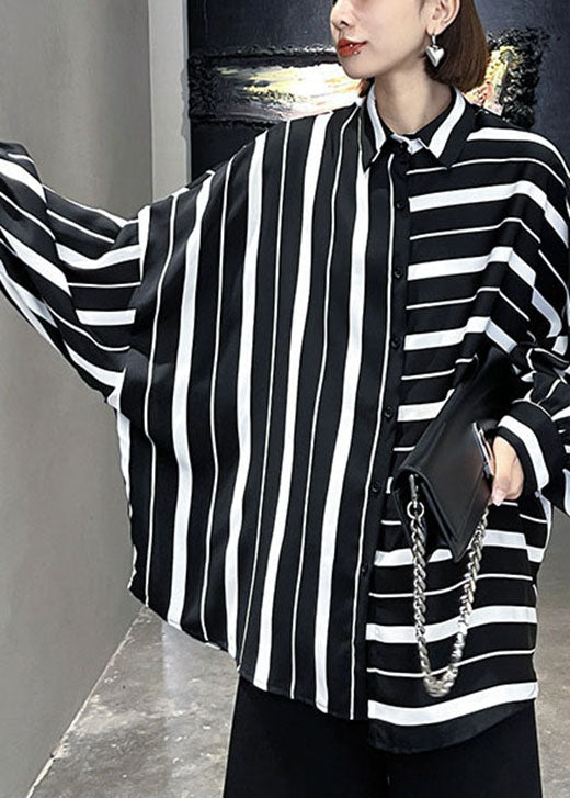 Unique Black White Striped asymmetrical design Casual Fall Blouses Long sleeve