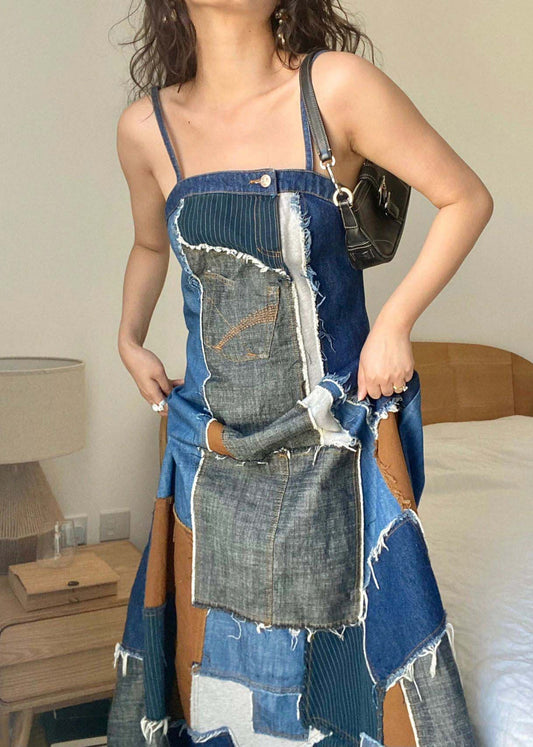 Robe de sangle Spaghetti à la gueule de sang de Denim Spaghetti bleu unique