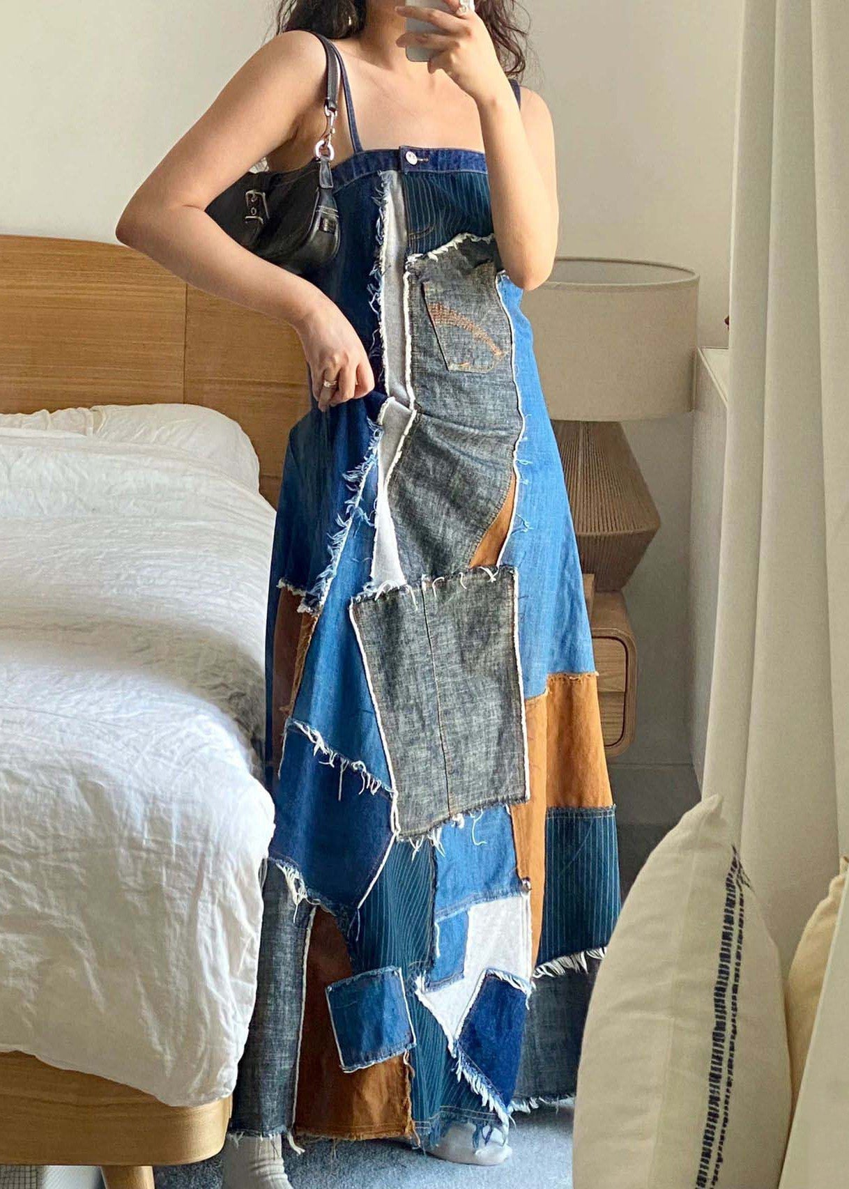 Robe de sangle Spaghetti à la gueule de sang de Denim Spaghetti bleu unique