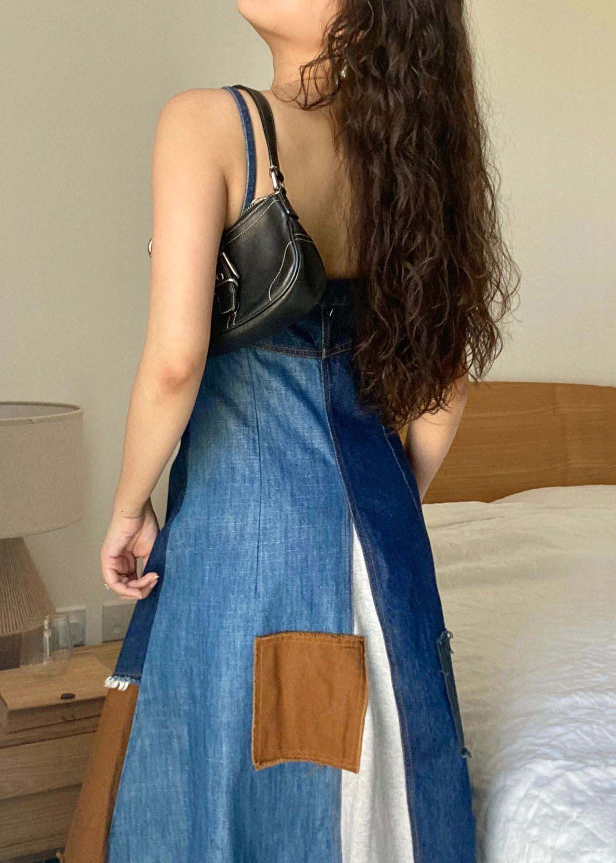 Robe de sangle Spaghetti à la gueule de sang de Denim Spaghetti bleu unique