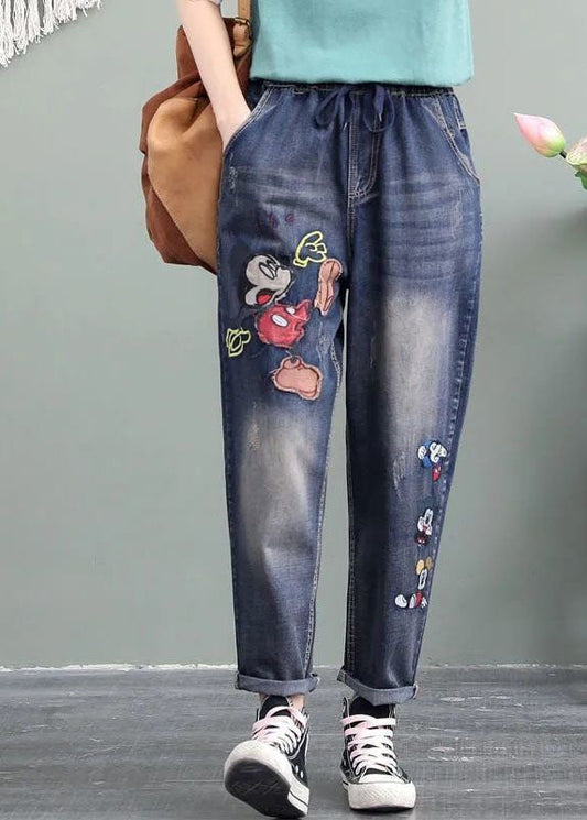 Poches brodées de dessins bleu uniques Patchwork Pantalon Pantalon Denim Spring