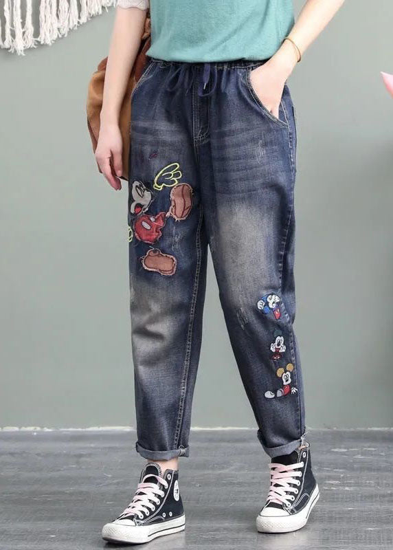 Poches brodées de dessins bleu uniques Patchwork Pantalon Pantalon Denim Spring