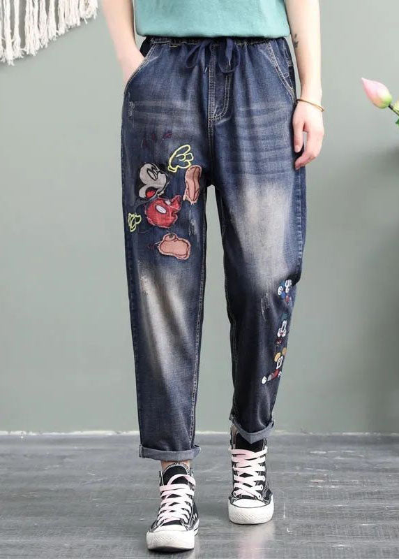 Poches brodées de dessins bleu uniques Patchwork Pantalon Pantalon Denim Spring