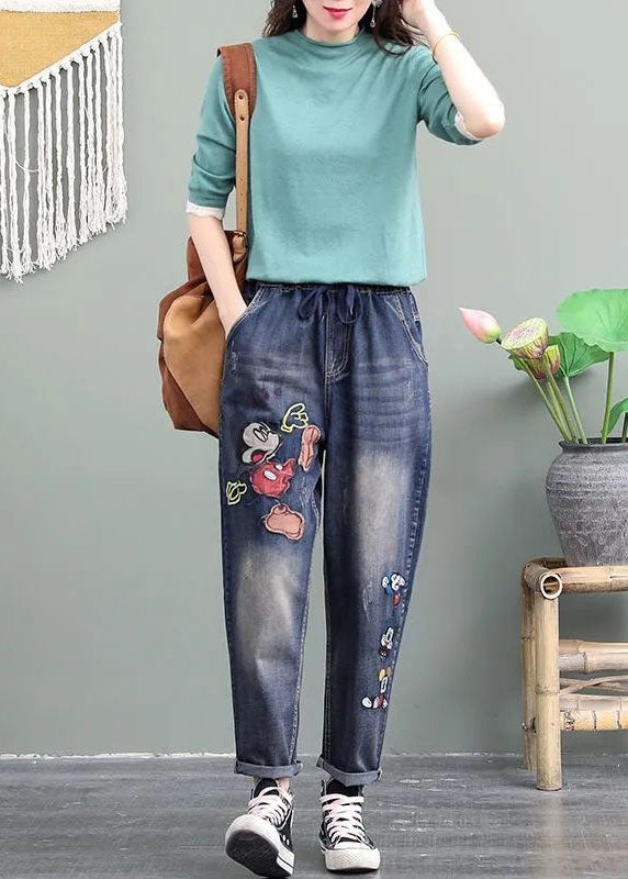 Poches brodées de dessins bleu uniques Patchwork Pantalon Pantalon Denim Spring