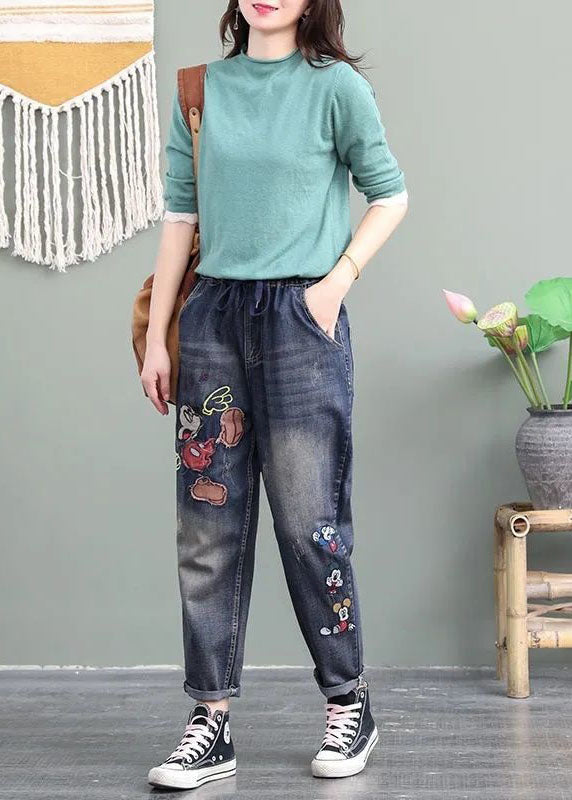 Poches brodées de dessins bleu uniques Patchwork Pantalon Pantalon Denim Spring