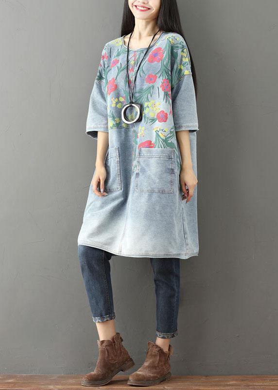 Unique Blue O-Neck Pockets Print Fall Denim Dresses Half Sleeve - SooLinen