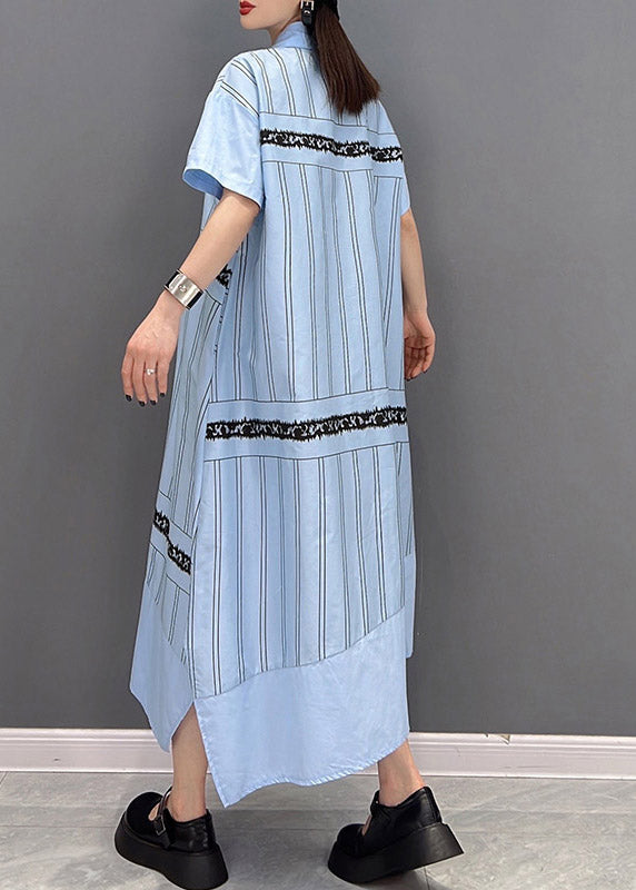 Unique Blue Peter Pan Collar Asymmetrical Striped Button Side Open Dress Short Sleeve