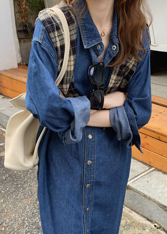 Unique Blue Peter Pan Collar Patchwork Denim Shirts Robes Spring