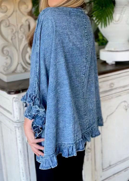 Été de cardigans de denim patchwork à volants bleus uniques Été