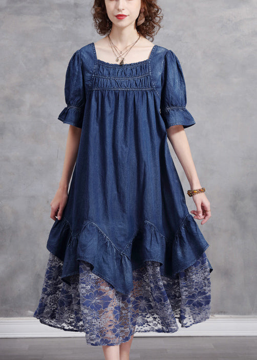 Unique Blue Square Collar Patchwork Lace Cotton Denim Dress Short Sleeve