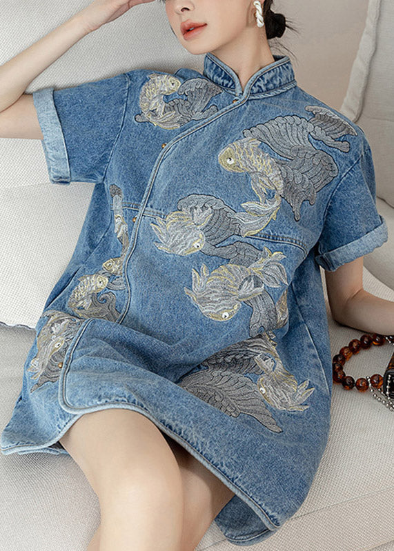 Unique Blue Stand Collar Embroideried Floral Side Open Button Cotton Denim Mid Dress Short Sleeve