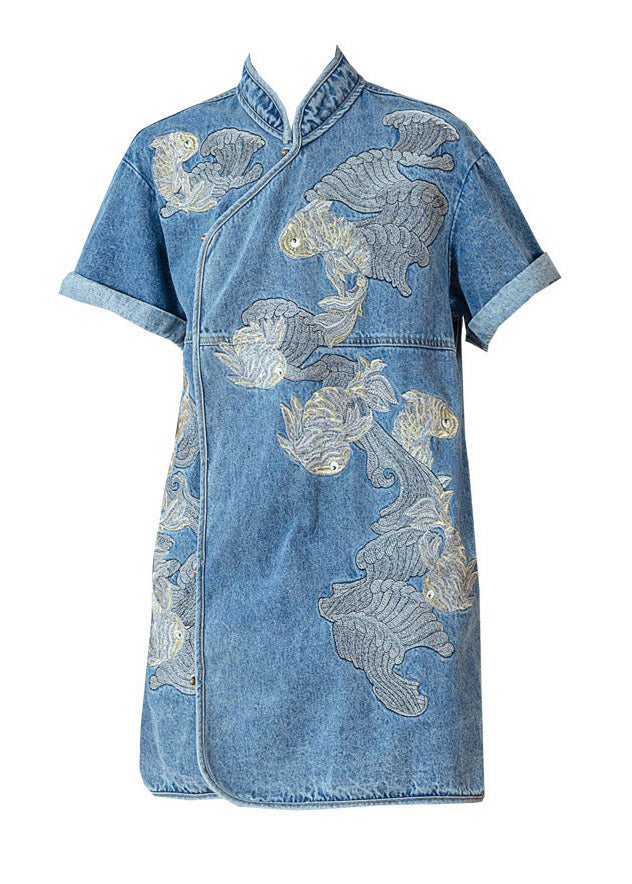 Unique Blue Stand Collar Embroideried Floral Side Open Button Cotton Denim Mid Dress Short Sleeve