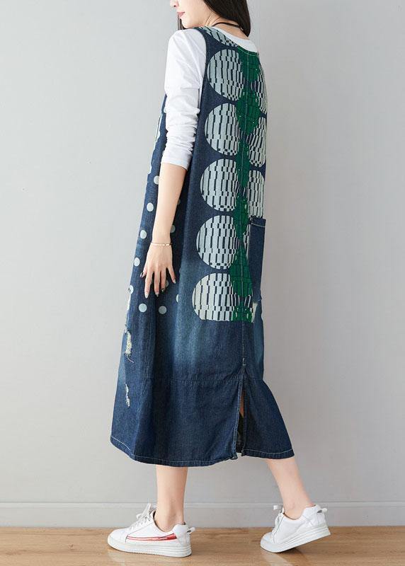 Unique Blue V Neck Pockets Print Hole Fall Denim Dresses Sleeveless - SooLinen