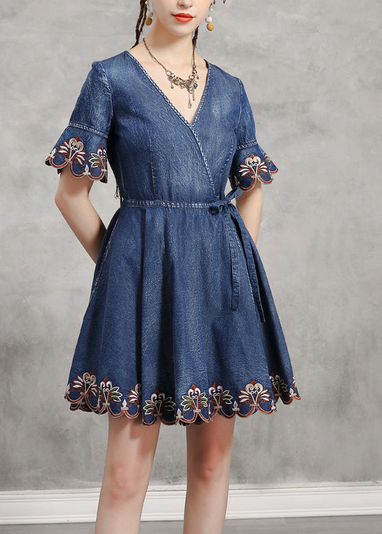 TAILLE BLEU BLEU Unique V Couche brodée Coton Denim Robe Flare Sleeve