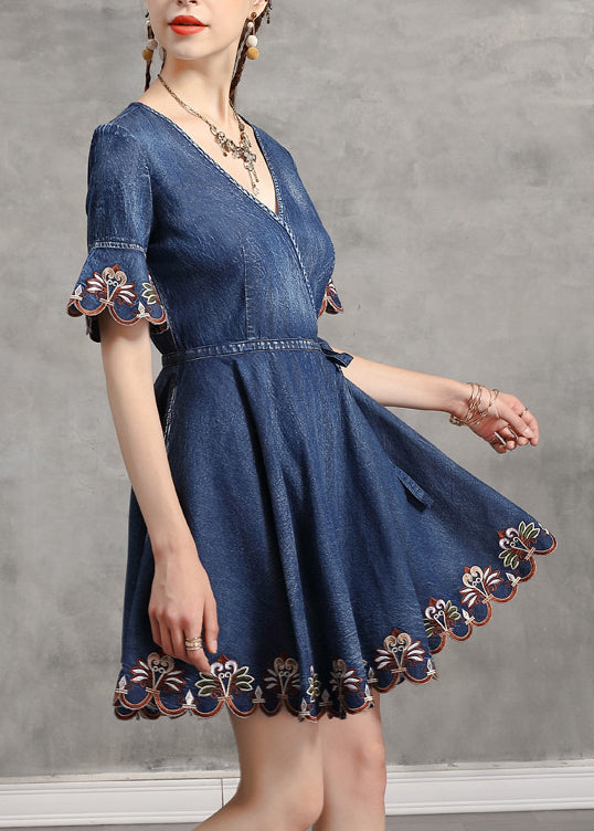 TAILLE BLEU BLEU Unique V Couche brodée Coton Denim Robe Flare Sleeve