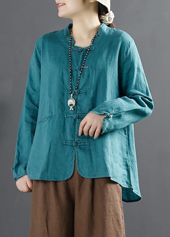 Unique Chinese Button Tops Women Sleeve Blue Blouse - SooLinen