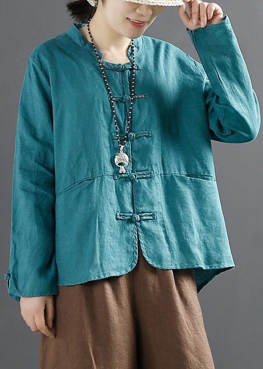 Unique Chinese Button Tops Women Sleeve Blue Blouse - SooLinen