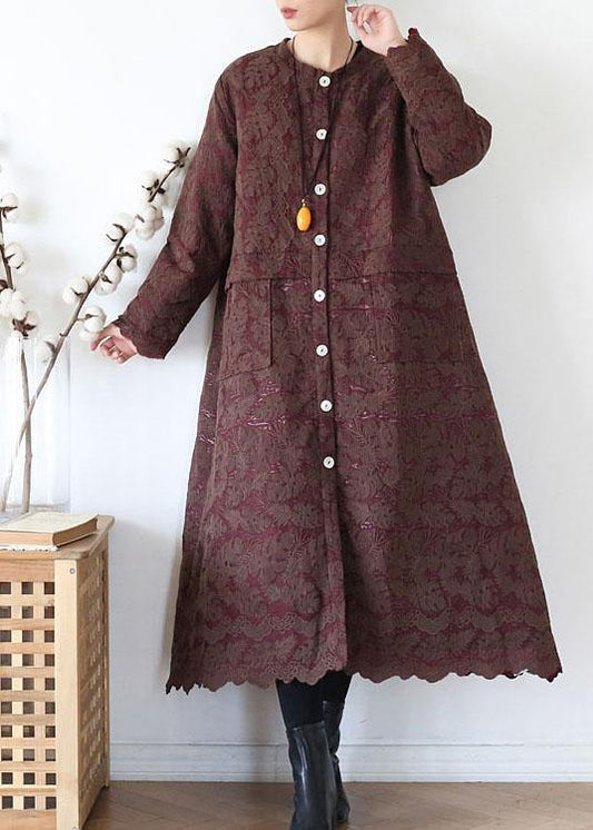 Unique Coffee Retro Jacquard Pockets Fall Coats Long Sleeve - SooLinen