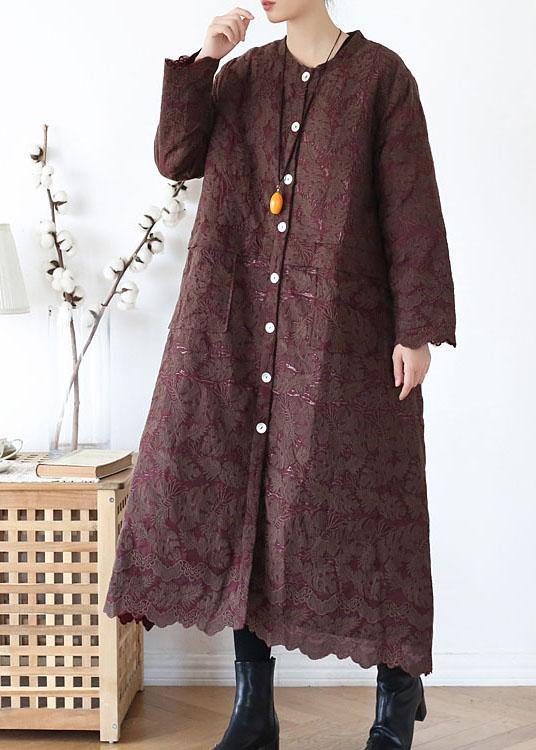 Unique Coffee Retro Jacquard Pockets Fall Coats Long Sleeve - SooLinen