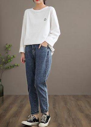 Unique Denim Dark Blue High Waist Spring Elastic Waist Pattern Wild Pants - SooLinen