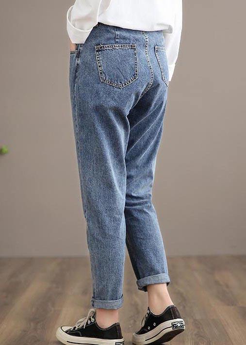 Unique Denim Dark Blue High Waist Spring Elastic Waist Pattern Wild Pants - SooLinen