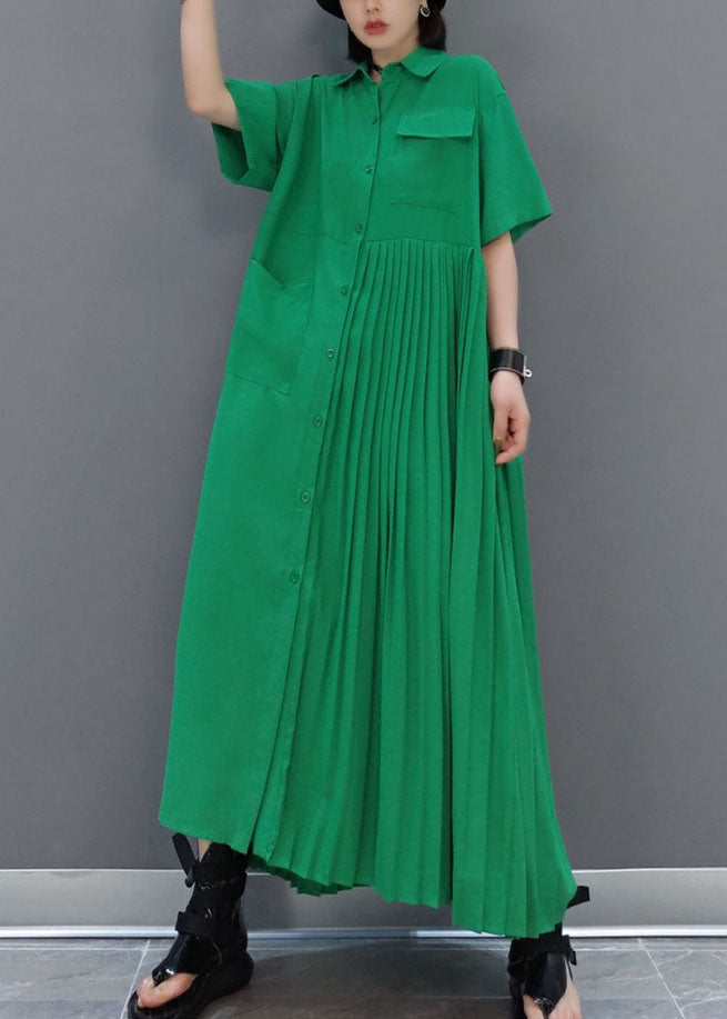 Unique Green Asymmetrical wrinkled pocket shirt Dress Spring