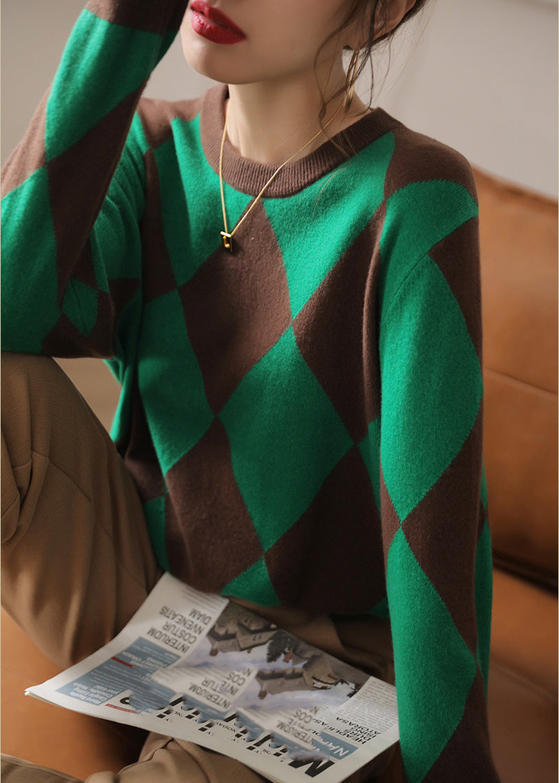 Unique Green Plaid O-Neck Patchwork Thick Woolen Knit Sweaters Long Sleeve