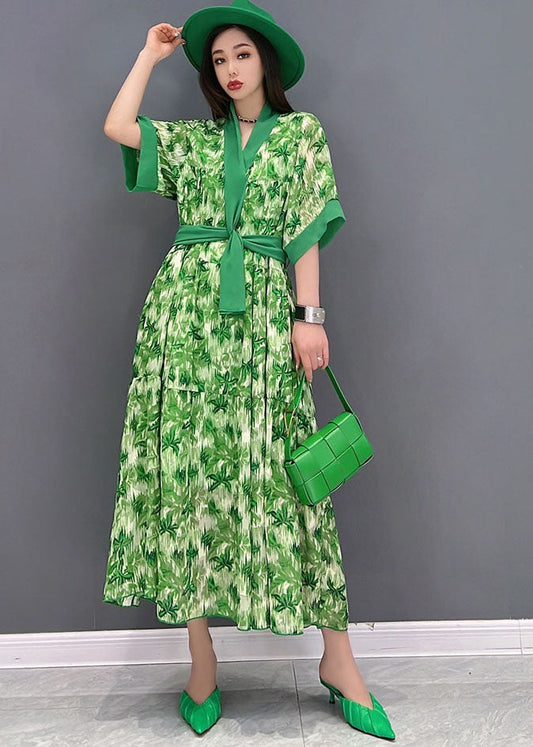 Unique Green V Neck Print Chiffon Long Dresses Short Sleeve