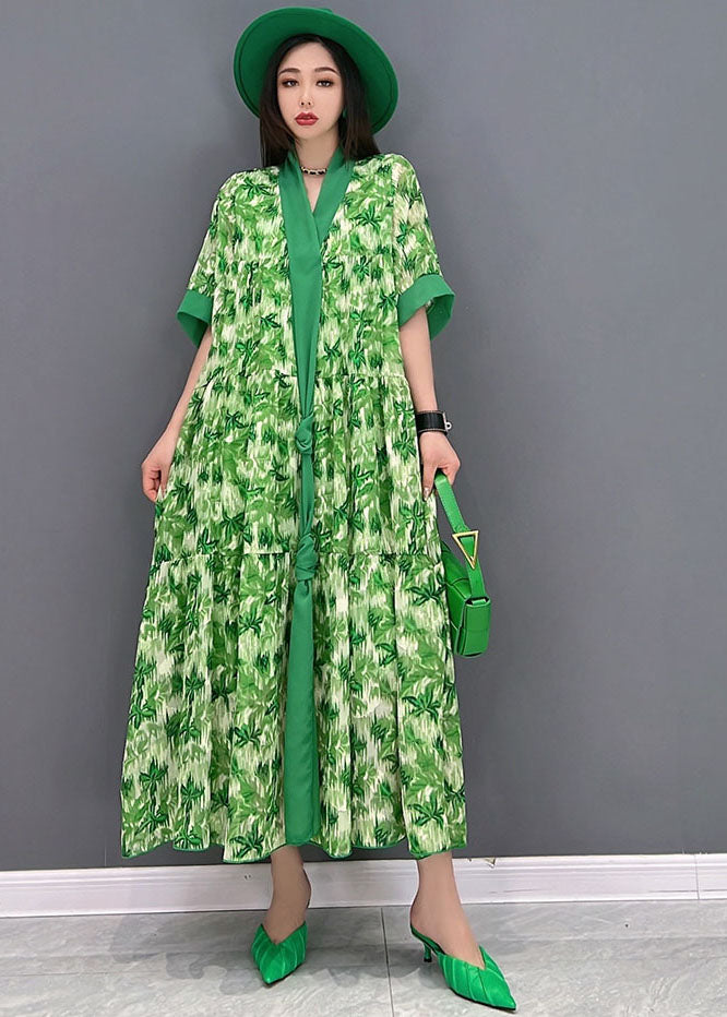 Unique Green V Neck Print Chiffon Long Dresses Short Sleeve