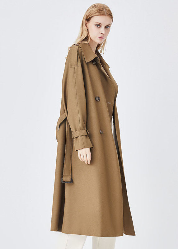 Unique Khaki Peter Pan Collar Pockets Sashes Cotton Double Breast Coat Outwear Fall