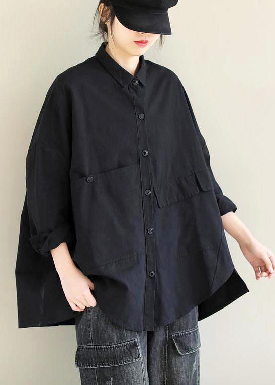 Unique Lapel Asymmetric Blouse Sewing Black Shirt - SooLinen