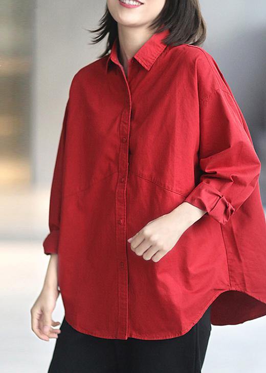 Unique Lapel Patchwork Spring Lothes Pattern Red Blouses - SooLinen