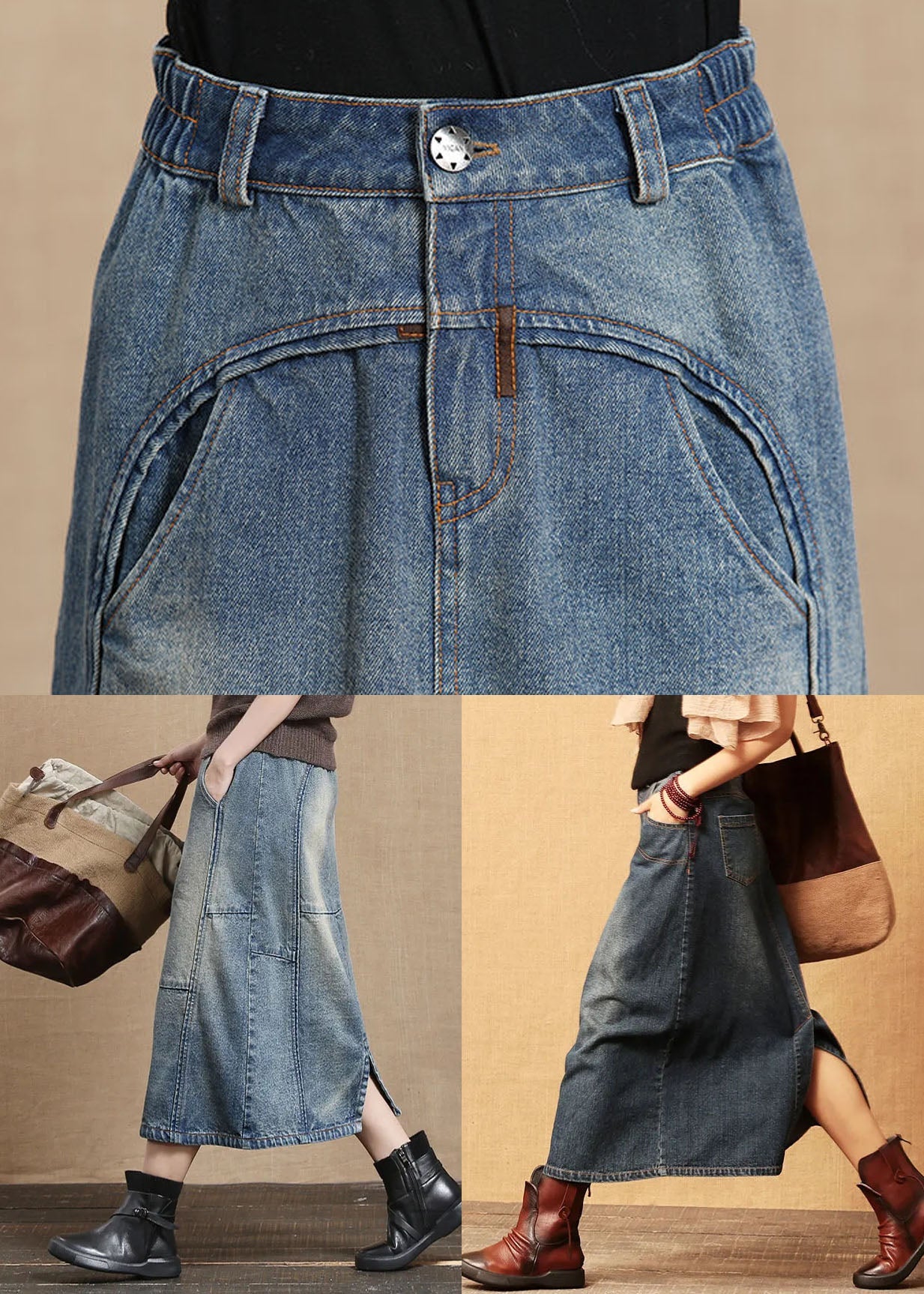 Poches de taille élastique bleu clair unique jupe en denim en coton Summer