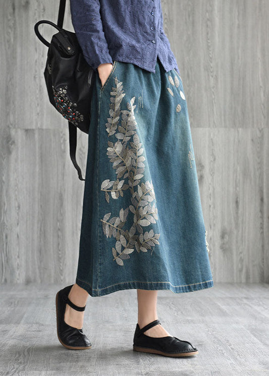 Unique Navy Patchwork Embroideried Denim Skirt Spring