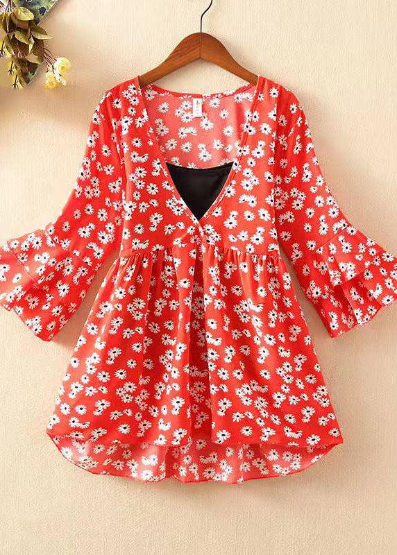 Unique Red V Neck Floral Chiffon Shirt Tops flare sleeve