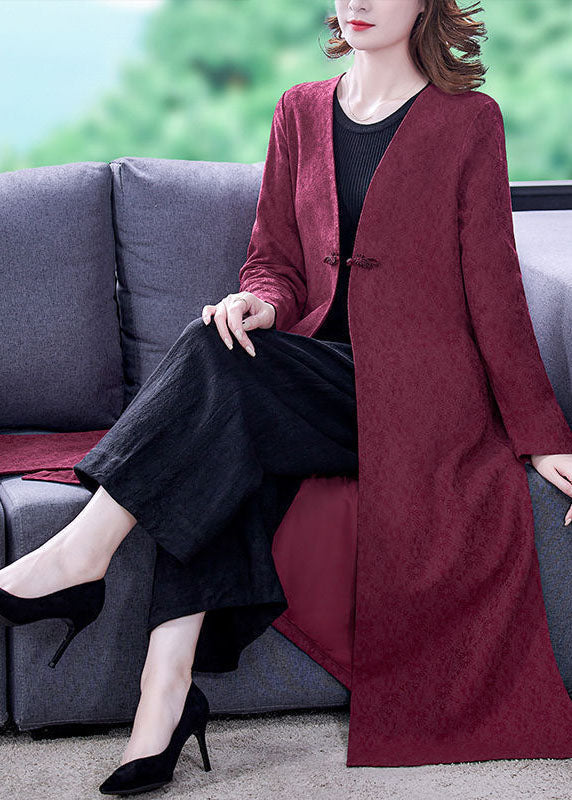 Unique Red V Neck Jacquard Side Open Silk Coats Long Sleeve