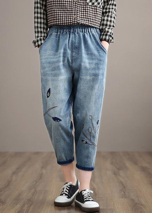 Unique Spring Trousers Casual Denim Blue Wardrobes Elastic Waist Leaf Pant - SooLinen