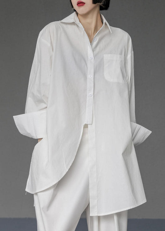 Unique White Asymmetrical Design Side Open Cotton Long Shirts Spring