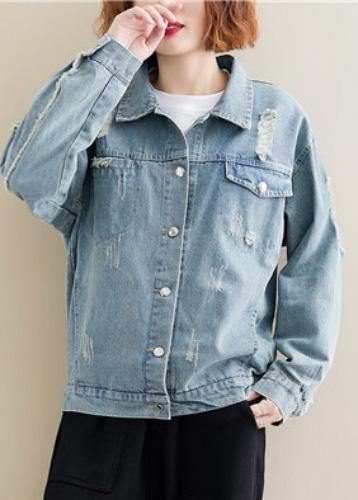 Unique denim blue cotton box top lapel collar ripped Dresses fall coat - SooLinen