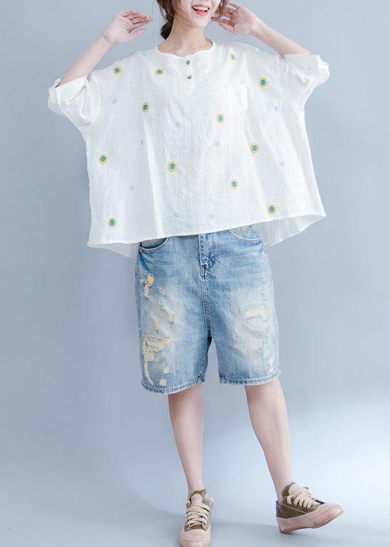 Unique embroidery cotton tunic top white Art tops summer - SooLinen