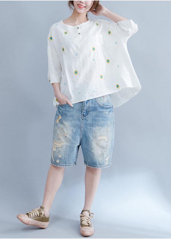 Unique embroidery cotton tunic top white Art tops summer - SooLinen