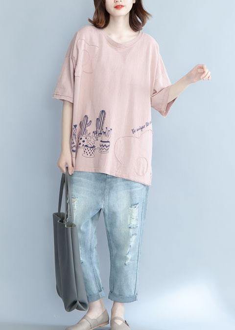 Unique pink prints cotton shirts women Appliques daily summer blouse - SooLinen